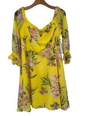Guess Off-Shoulder Yellow Floral Dress Womens Size XL New